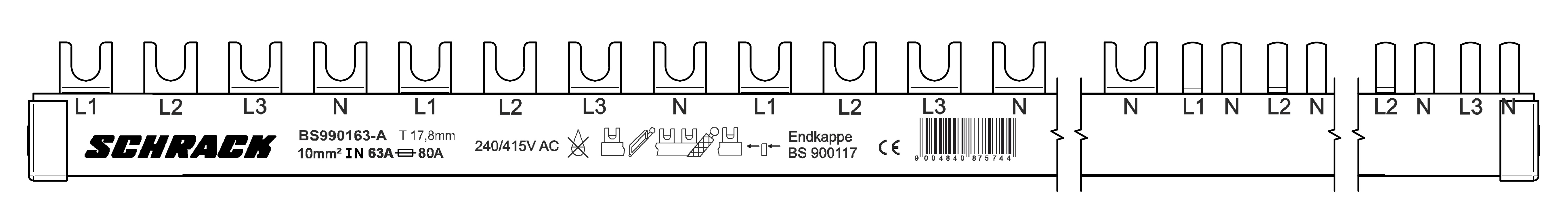 Propojovací lišta, 1xFI 4p, 3xSI 4p, 12xSI 1+N/1TE, 28TE
