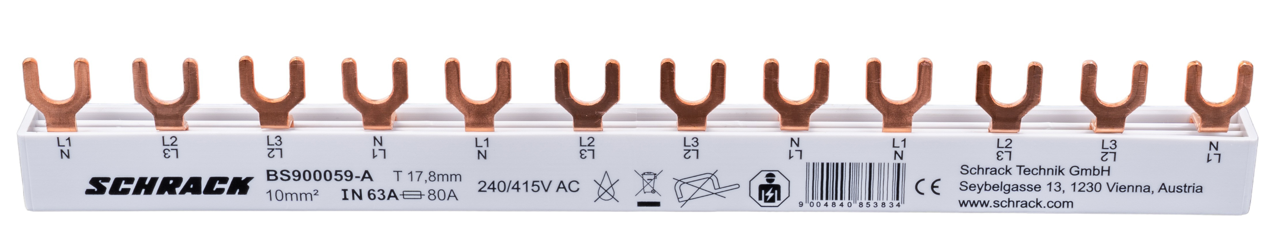 Propojovací lišta 1xFI 4pól, PO 4pól, 1xLS 3+N, 12TE, 10mm²