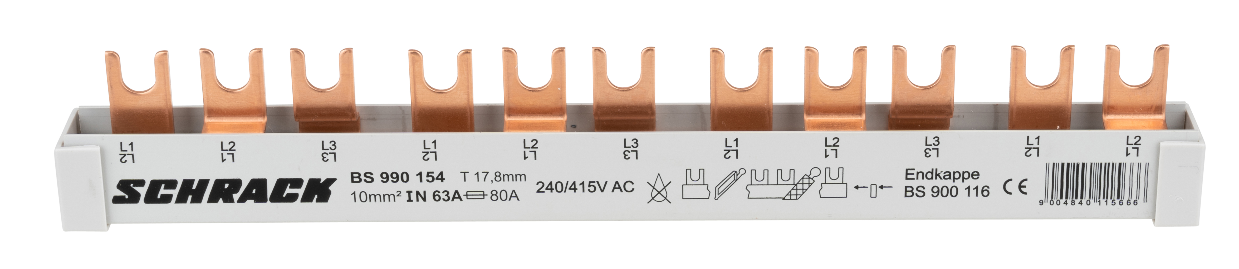 Propojovací lišta vidlicová 17,8 mm, 10mm² 3-pólová, 11 TE
