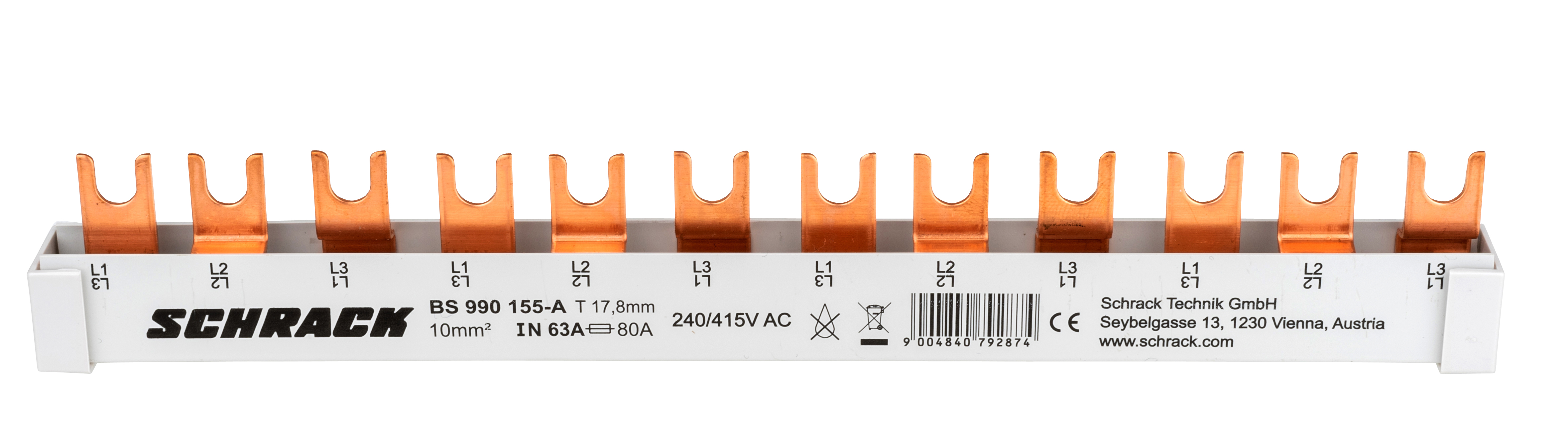 Propojovací lišta vidlicová 17,8 mm, 10mm², 3pólová, 12TE